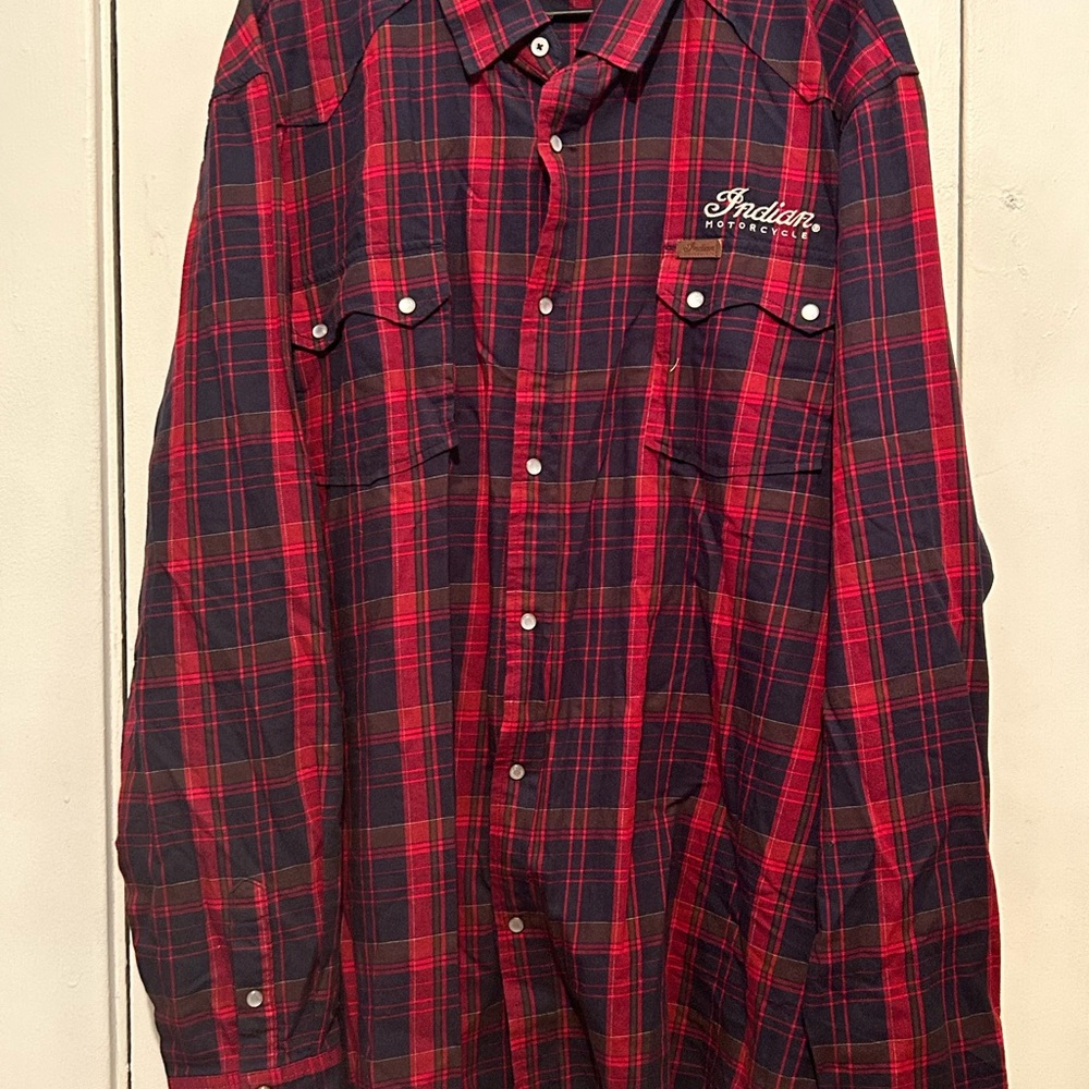 Indian Motorcycle Apparel Red and Black Plaid Button Up Men's Shirt Size 3XL